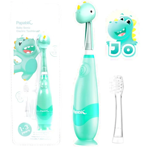 Papablic Toddler Sonic Electric Toothbrush for Ages 1-3 Years, Baby Electric Toothbrush with Cute Dino Cover and Smart LED Timer, 2 Brush Heads (Jo)