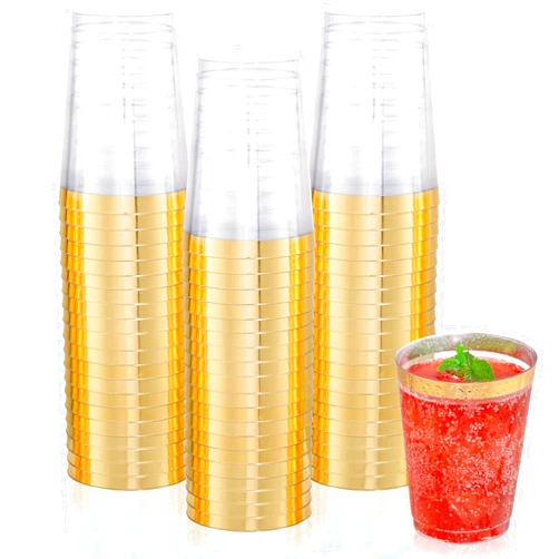 DaYammi 200 Pack Gold Plastic Cups 10 Oz Clear Plastic Cups Gold Rimmed Disposable Wine Glasses Fancy Disposable Party Cups Wedding Tumblers Drinking Cups Plastic Cocktail Glasses Gold Cups