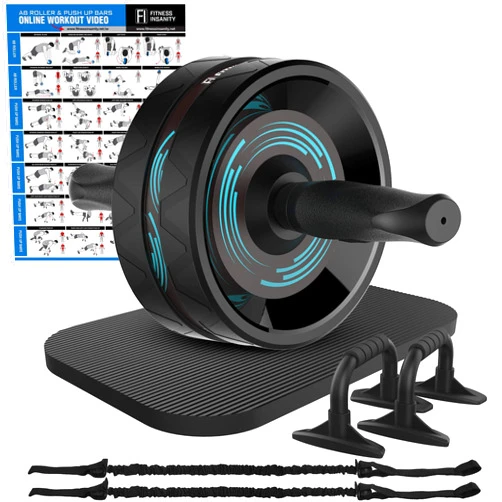 Fitness Insanity Ab Roller Wheel, 6-in-1 Ab Roller Kit with Knee Mat, Push-Up Bars, Resistance Bands, Workout Poster, Workout Guide, Perfect Home Gym Equipment for Men Women Abdominal Exercise