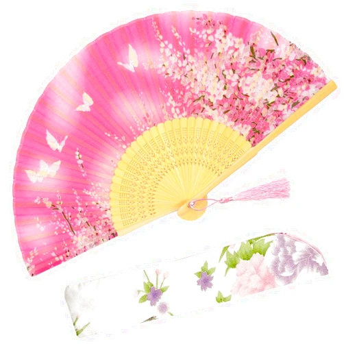 OMyTea® Women Hand Held Silk Folding Fans with Bamboo Frame - with a Fabric Sleeve for Protection for Gifts - Sakura Cherry Blossom Pattern (WZS-3)