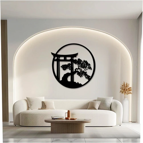 Unimart Japanese Home Decor Metal Japanese Art Modern Wall Decor Religious Decoration Cherry Blossom Tree Plant Torii Gate Shinto Wall Art for Bedroom Indoor Outdoor（Black, 18.5x18.5 inch/47x47 cm）