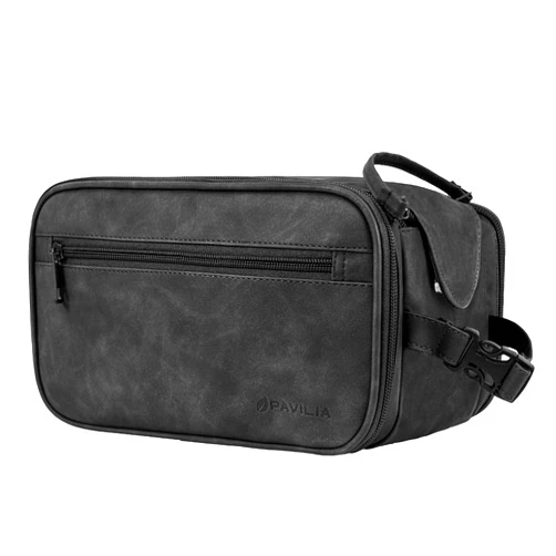 PAVILIA Toiletry Bag for Men Women, Mens Travel Bag Toiletries Organizer Case for Grooming, Travel Essentials Shaving Dopp Kit, PU Leather Water Resistant Cosmetic Pouch, Black