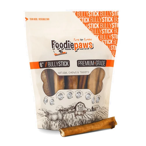 FOODIEPAWS All Natural 6-inch Mega Bully Sticks Odor Free USA Packed for Medium, Large Dogs-100% Free-Range Grass-Fed Beef-Single Ingredient & Rawhide Free-Longer Lasting Dental Dog Chews 5 Pcs