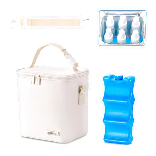 BABEYER Breastmilk Cooler Bag with Ice Pack Fits 6 Baby Bottles Up to 9 Ounce, Baby Bottle Bag with Shoulder Strap for Nursing Mom Daycare, Cream