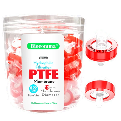 Biocomma Syringe Filters PTFE Membrane - Hydrophilic Filtration 0.22um Pore Size (13mm,100)