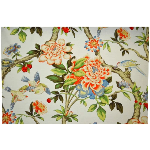 Waverly Mudan Persimmon Waverly Fabric Coral Orange Bird and Floral Print