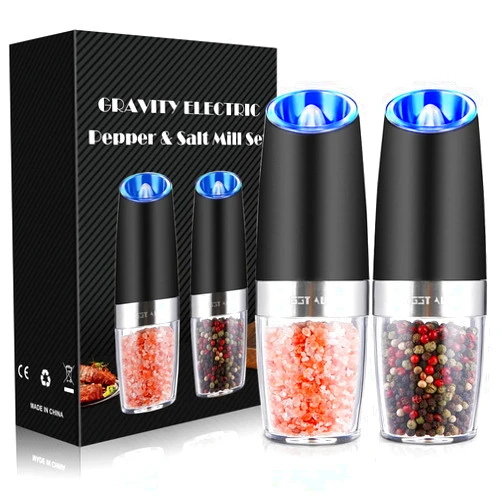Sweet Alice Gravity Electric Pepper and Salt Grinder Set, Adjustable Coarseness, Battery Powered with LED Light, One Hand Automatic Operation, Stainless Steel Black, 2 Pack