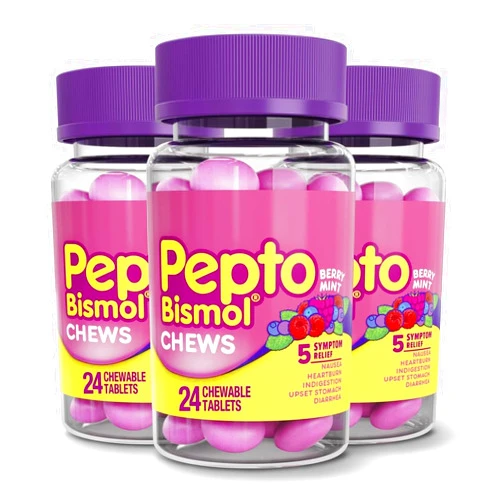 Pepto Bismol Chews, Fast and Effective Digestive Relief from Nausea, Heartburn, Indigestion, Upset Stomach, Diarrhea, Berry Mint Flavor, 72 Total (3 Packs of 24)