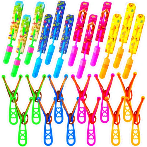 JX Rocket Slingshot Flying Toys with Led Lights,12Pcs LED Arrow Helicopters + 12Pcs Launchers,Summer Outdoor Game LED Slingshot Toy for Kids, Glow in The Dark Kids Party Supplies