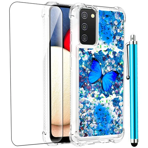 CAIYUNL for Samsung Galaxy A02S Case with Tempered Glass Screen Protector,Glitter Bling Flowing Liquid Sparkle Women Girls Soft TPU Shockproof Protective Phone Case for Samsung Galaxy A02S-Butterfly