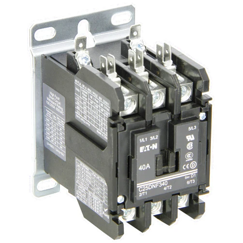 Eaton C25DNF340B. Definite Purpose Contactor, 50mm, 3 Poles, Box Lugs, Quick Connect Side By Side Terminals, 40A Current Rating, 3 Max HP Single Phase at 115V, 10 Max HP Three Phase at 230V, 20 Max HP Three Phase at 480V, 208-240VAC Coil Voltage