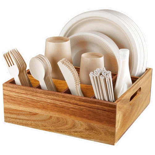 ALELION Acacia Wood Utensil Holder for Party - Paper Plate Organizer for Countertop - Silverware Caddy with 6 Compartments for Plate, Cup, Fork, Spoon - Cutlery Holder for Kitchen Camping Buffet