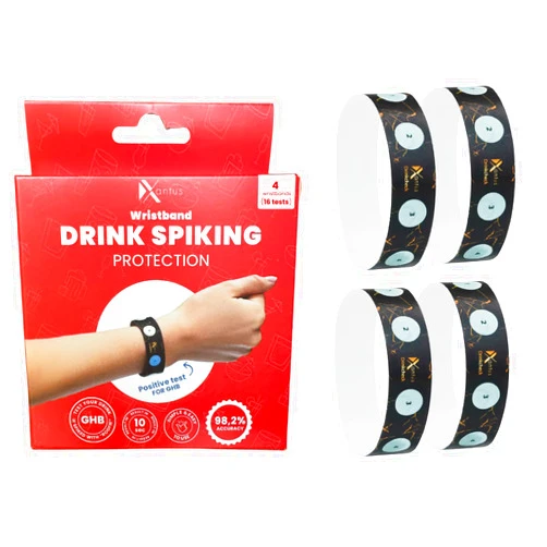 Xantus Drink Check Wristband Roofie Test by Xantus | Spiked Drink Bracelet Tester Detects GHB Within 10 Seconds Test Your Drink | Spiking Protection Detector Made in USA | (4 Black Wristbands | 16 Tests)
