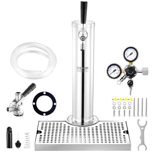 VEVOR Kegerator Tower Kit, Single Tap Beer Conversion Kit, Stainless Steel Keg Beer Tower Dispenser with Dual Gauge CGA320 Regulator & D-System Keg Coupler, Beer Drip Tray for Party Home