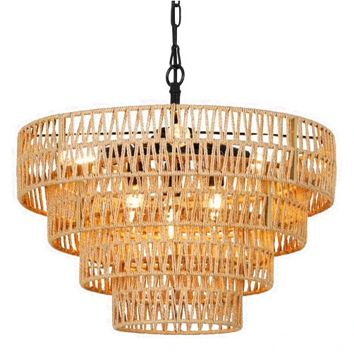 Eayaya Boho Rattan Chandelier, 6-Light Dining Room Light Fixture, Wicker Pendant Lighting with 4-Tier Woven Lampshade, Large Farmhouse Chandeliers for Dining Room Bedroom Kitchen Living Room(20