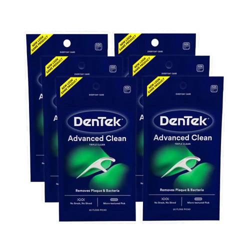 DenTek Triple Clean Advanced Clean Floss Picks, No Break & No Shred Floss, 20 Count, 6 Pack
