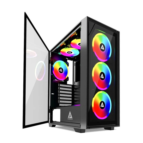 Apevia Genesis Pro G-PRO-BK Mid Tower Gaming Case with 2 x Tempered Glass Panel, Top USB3.0/USB2.0/Audio Ports, 6 x RGB Fans, Black Frame