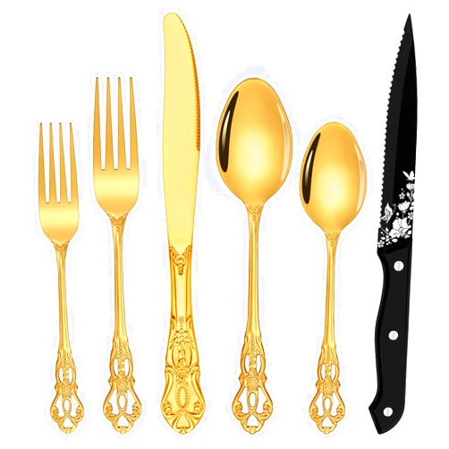 Ollex Gold Silverware Set, Ollex 48-Piece Retro Royal Gold Flatware Set for 8 with Anti-rust Silverware Steel Black Steak Knives and Gold Spoons Forks Utensil Set, Mirror Polished&Dishwasher safe