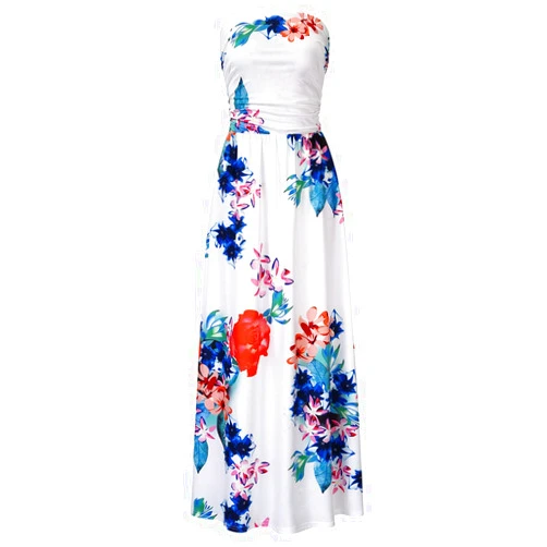 GloryStar Women Strapless Maxi Boho Vintage Summer Beach Floral Print Hawaiian Party Long Dress S Flower2