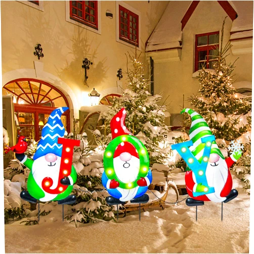 WONDER GARDEN Outdoor Christmas Decorations,3 PCS Christmas Yard Stakes, Metal Yard Signs, Xmas Gnomes with Joy and Led Light Christmas Yard Decorations for Lawn Party Decorations