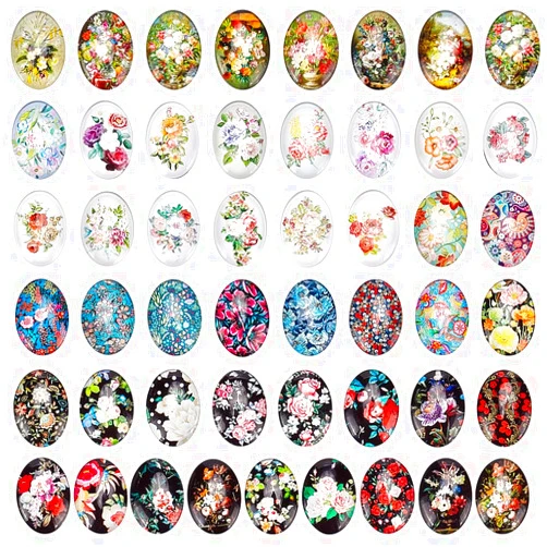 PH PandaHall 50pcs Oval Glass Cabochons, 25x18mm Flower Printed Glass Cabochons Vintage Mixed Color Mosaic Tile for Craft Photo Pendant Earring Necklace Keychain Jewelry Making