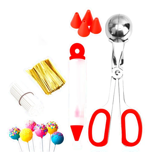 SULICRE Cake Pop Kit, Including 100 Cake Pop Sticks and Wrappers, 100 Twist Ties, 1 Cake Pop Scooper and Decorating Pen, Cake Pops Making Tools for Lollipop, Candies, Chocolates and Cookies