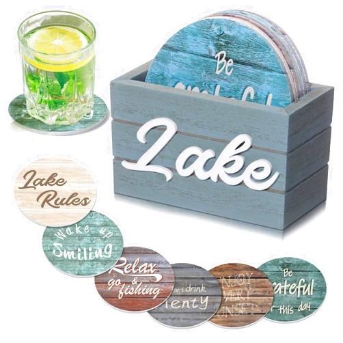 Queekay 6 Set Lake Theme Coasters with Holder for Drinks, Lake House Gifts for Lake Lovers, 4'' Wooden Coasters with Lake Sayings Housewarming Gifts for Home Lake Theme Bar Coffee Table Decorations
