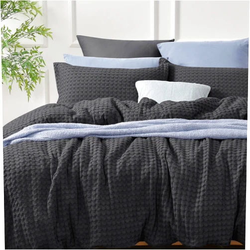 David's Home 100% Cotton Duvet Cover Set Twin Size, Waffle Weave Duvet Cover with Pillow Shams, 2pcs Ultra Soft and Breathable Bedding, 68x90 Inches, Black