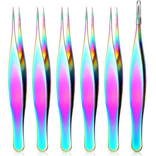Honoson 6 Pieces Pointed Tweezers Ingrown Hair Tweezers Precision Needle Point Tip Tweezers Stainless Steel Tweezers for Nose Facial Hair Eyebrow Blackhead Remover (Rainbow Color)