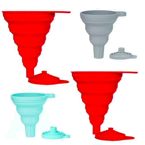 Stolphi Silicone Collapsible Funnel Set of 4 for Filling Bottles, Liquids or Dry Goods, Kitchen Gadgets, Food Grade, Premium Quality, Durable, Small Aqua and Gray, 2 Large Red (4 Pack)