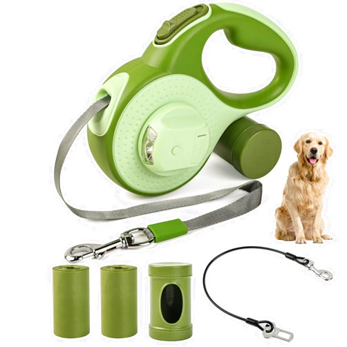 ODRIEW Heavy Duty Retractable Dog Leash for Large Dogs, 26ft with Chew Proof Cable, LED Light, Dispenser, 2 Poop Bags. 360° No Tangle, One Button Brake & Lock, for Dogs Up to 100Lbs. (Green, 26ft)