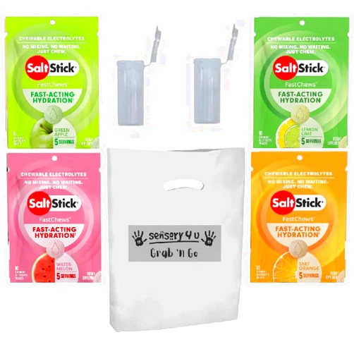 SENSORY4U Grab and Go Gift Set SaltStick with New Fastchews Flavors and Race Ready Tubes - Lemon Lime Orange Green Apple and Watermelon Electrolyte Tablets