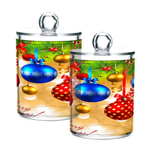 Caikeny Beautiful Balls Winter Star 2 Pack Qtip Holder Organizer Dispenser Christmas Poinsettia Plastic Storage Jars with Lids Bathroom Storage Canister Cotton Holder Clear Bathroom Containers for Cotton Swa