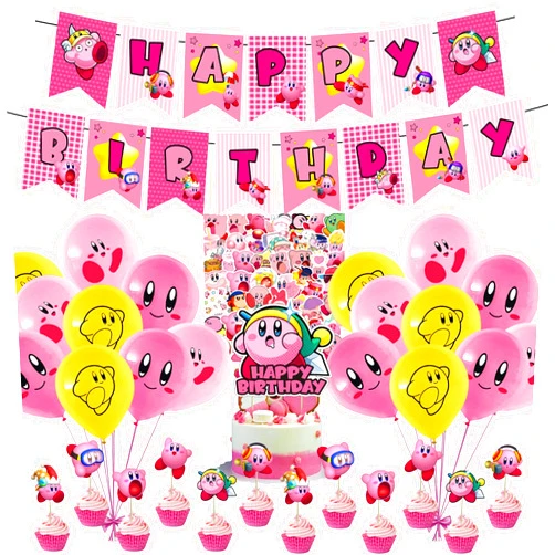 EPANO 82 Pcs 𝓚𝓲𝓻𝓫𝔂 𝓢𝓽𝓪𝓻 Birthday Party Decorations,Party Supply Set for Kids with 1 Happy Birthday Banner Garland , 13 Cupcake Toppers, 18 Balloons,50 Stickers for Party Decorations