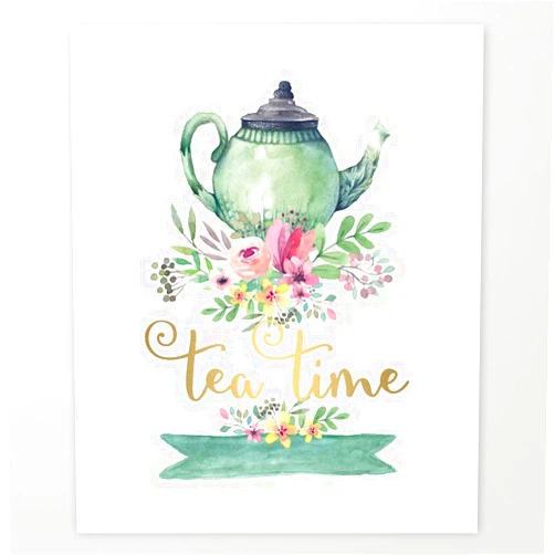 Eleville 8X10 Tea time Real Gold Foil and Floral Watercolor Art Print (Unframed) Kitchen Art Home Decor Motivational Art Inspirational Print Birthday Wedding Gift Quote Print WG004