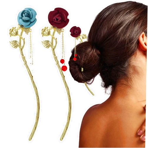 Thinslimer 2 Pack Rose Flowers Hair Stick Metal Retro Pearl Tassel Hair Chopsticks Alloy Hairpin Chinese Flowers Style Hair Accessories for Women and Girls