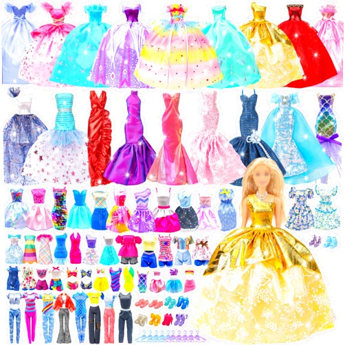 Style Shine 50 Pack Doll Clothes and Accessories, 4 Wedding Gowns 2 Evening Dresses 6 Fashion Dresses 6 Set Casual Outfits Top and Pant 2 Swimsuit Bikini, 20 Hanger 10 Shoe Toys for Girl Birthday Gift