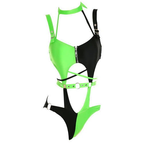 MEOWCOS.COM MEOWCOS Women's One Piece Swimwear Gothic Swimsuit Green and Black Spliced Cutout Bathing Suit