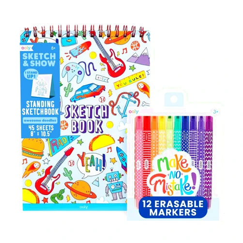 Ooly Make No Mistake Erasable Markers & Standing Sketchbook, Mess Free Marker Pack You Can Erase, Drawing and Coloring Pens for Kids, Colorful School Supplies, Set of 12 & Sketchbook Bundle