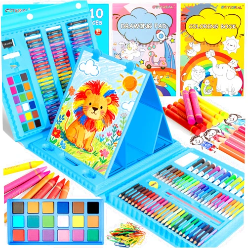 GOTIDEAL Kids Art Set,Art Supplies for Kids,210 PCS Art Kit with Double Sided Trifold Easel,Coloring Book, Crayons, Markers, Watercolor Pens, Arts & Crafts,Gift for 4-12 Year Old (Blue)