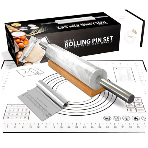 Liteburg Marble Rolling Pin Set with Silicone Baking Mat, Steel Dough Scraper & Wooden Cradle - Professional Non Stick Dough Roller for Bread, Cookies, Pizza - Gift for Bakers