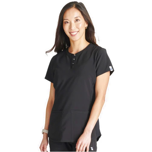 Cherokee Women's Scrub Top Snap Front Henley with 2 Pockets and Center Back Length of 26