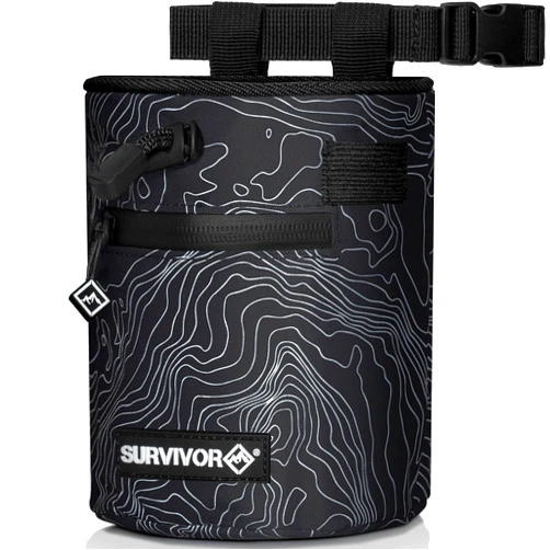 SURVIVOR Chalk Bag - Iconic Topographical Map, Draw String Closure, 2 Zippered Pockets, & Brush Holder - Chalk Bag for Rock Climbing, Bouldering, Weightlifting, Gymnastics & More