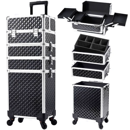 Stagiant Rolling Makeup Case Cosmetology Case on Wheels 4 in 1 Large Cosmetic Organizer Train Case Makeup Travel Case with Key Swivel Wheels Nail Artist Salon Storage Traveling Cart Trunk Black