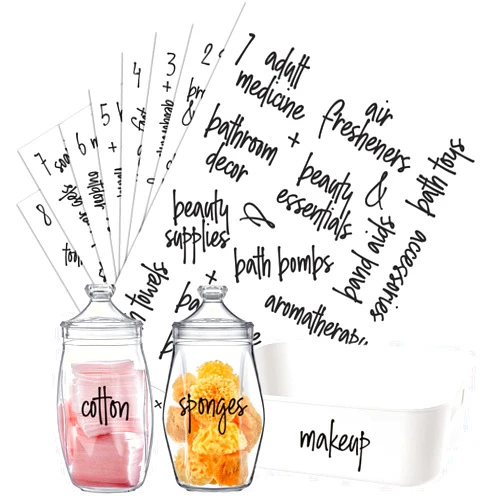 Prefdo 153 Bathroom Organization Labels, Prefdo Waterproof Black Script Preprinted on Clear Stickers for Storage Bins Bathroom Containers Hand Soap Labels Bottles Makeup Organizer (Black)