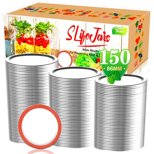 SLifeJars Canning Lids 150Pcs Lids for Canning Split-Type Lids Leak Proof and Secure Canning Flats Lids with Silicone Seals Fit & Airtight for wide mouth mason jars (Silver/86MM)
