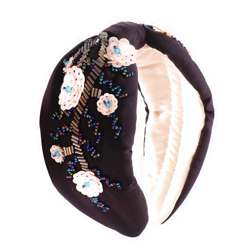 ELEARD Bead Embroidered Headband for Women Hand Sewing Sequins Floral Hairbands Retro Elastic Knotted Wide Turban Headbands Fabric Embellished Head Wrap Hair Accessories