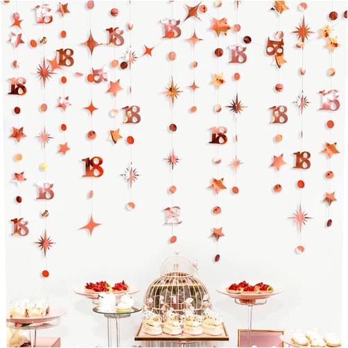 Pinkblume Rose Gold 18th Birthday Decorations Number 18 Circle Dot Twinkle Star Garland Kit Metallic Hanging Streamer Bunting Banner Backdrop for Girls Happy 18 Year Old Eighteen Anniversary Party Supplies