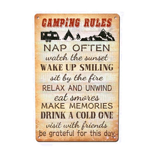 Renokes Camping Rules - Decor, Retro Wall Poster Plaque Outdoor Sign for Bar, Campsite, Lake House, Cabin, Rustic 8*12 inch Metal Farmhouse Signs Camper Decor Hunting Room Funny
