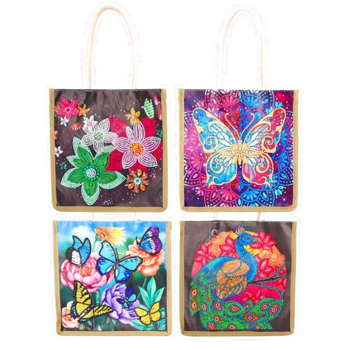 DOOSAI Diamond Painting Canvas Tote Bags 4 Pack Boho Diamond Dots Dotz Art Kits Shoulder Bags 5D DIY Handbags Handmade Gifts Reusable Shopping Bags with Handles for Women Adults(Peacock Butterflys Flower)